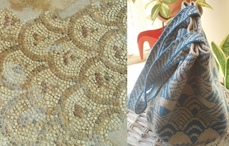 The mosaic from Keysarii in Israel inspired the motif on Nina's bag on the right.
