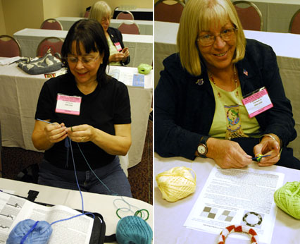 Crocheting a tapestry crochet bead bracelet.